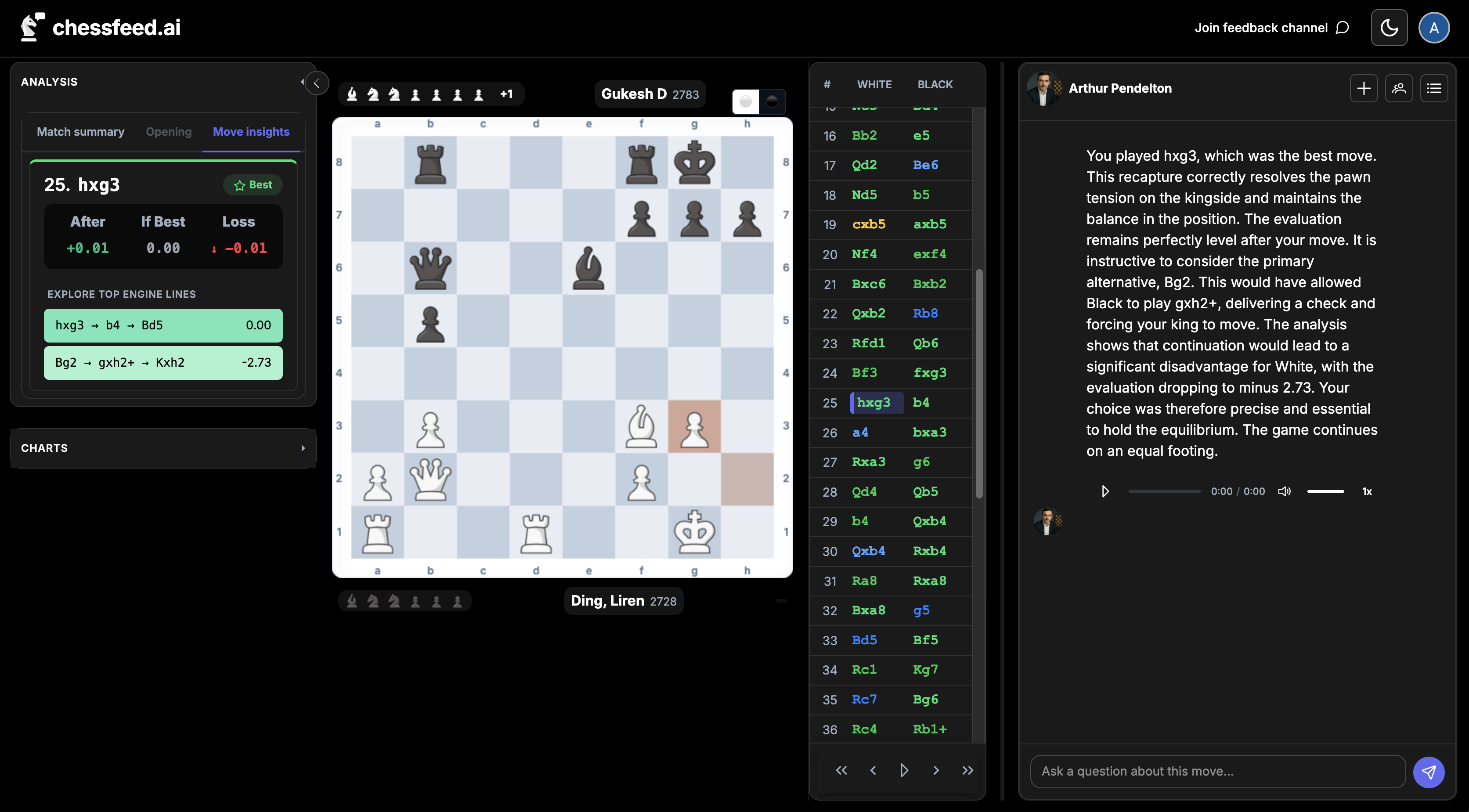 chessfeed desktop move insights with forked line analysis